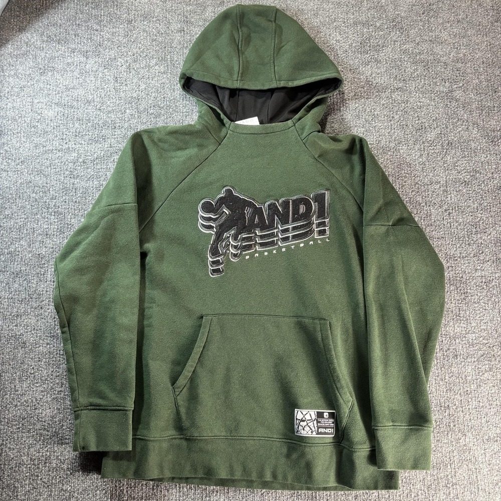 AND1 Hoodie‎ Mens Large Green Pullover Fleece Basketball Logo Kangaroo Pocket